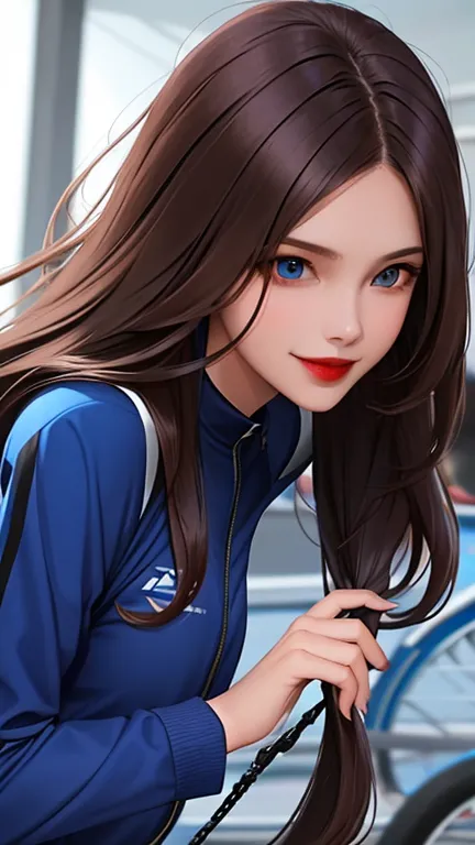 woman , long hair brown, normal, dark, she is solo, from alternative world ,best quality, realistic, cycling (full blue color) suit and cycling sports black shorts, she is stand , smile, red lipstick , 