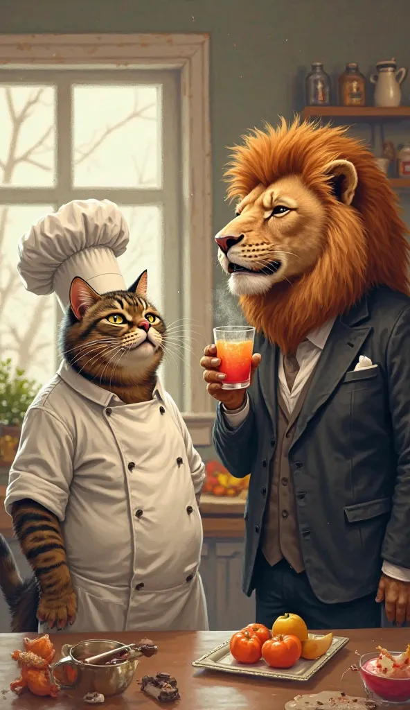 **" Fat, a cat wearing chef clothes, wearing a real kitchen hat and a lion wearing a black suit, drinking a drink and laughing
