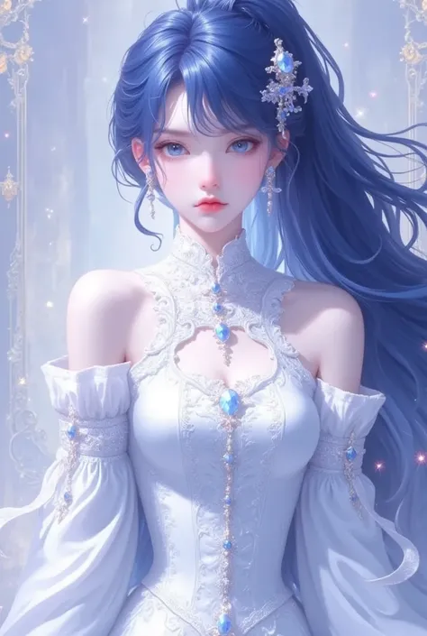 1 girl, long dark blue hair in high ponytail, blue eyes, wearing fantasy style clothes, absurdres, hightres, ultra sharp, 8k, masterpiece, looking at viewer, anime, face front towards viewer, fantasy background