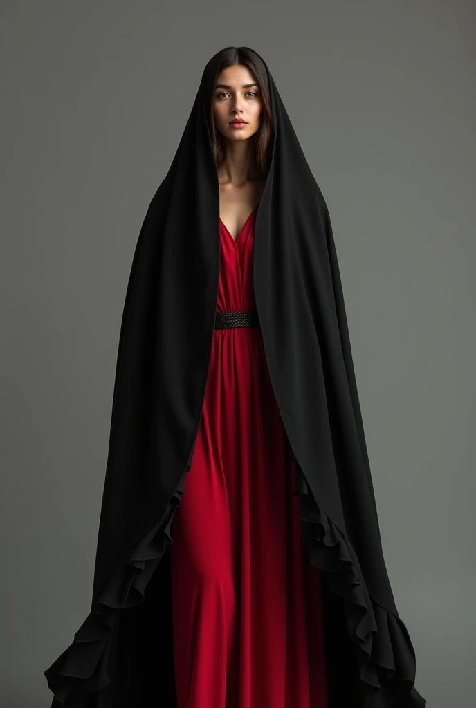 A woman draped a black open Iraqi abaya over her head and cover her body from her head to toe  and slightly showing her hair with uderneath red maxi and the abaya without wearing additional headscarf