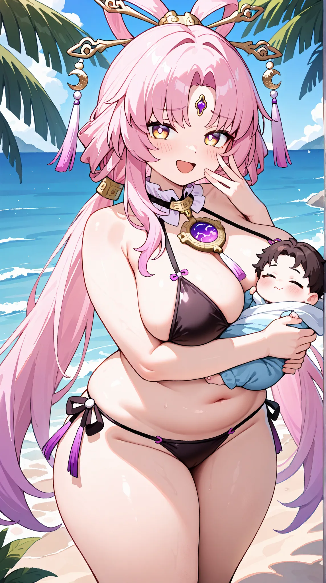 
1girl, solo, long hair, looking at viewer, blush,  yellow eyes, pink hair, large breasts,thick thighs, parted bangs, low twintails, forehead jewel, bow-shaped hair, fu xuan (honkai: star rail), cowboy shots,outdoors, chubby,laughing,black bikini,big baby ...