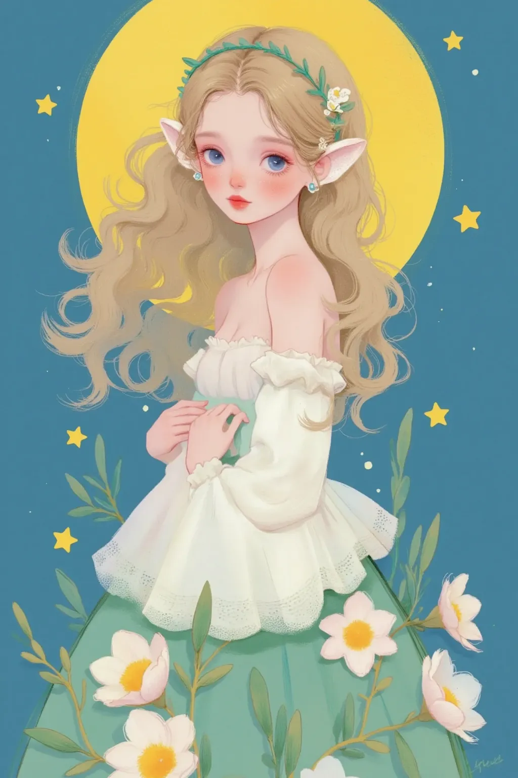 一个天使抱着一个moon的特写镜头, Star，moon， Fine Digital Art, 可爱的数字艺术, cute art style,  cute digital painting , realistic cute girl painting,   beautifully illustrated  , Exquisite painting style,  Dream across the sky  ,  Lovely Detailed Artwork ,   Softcover Anime Ill...