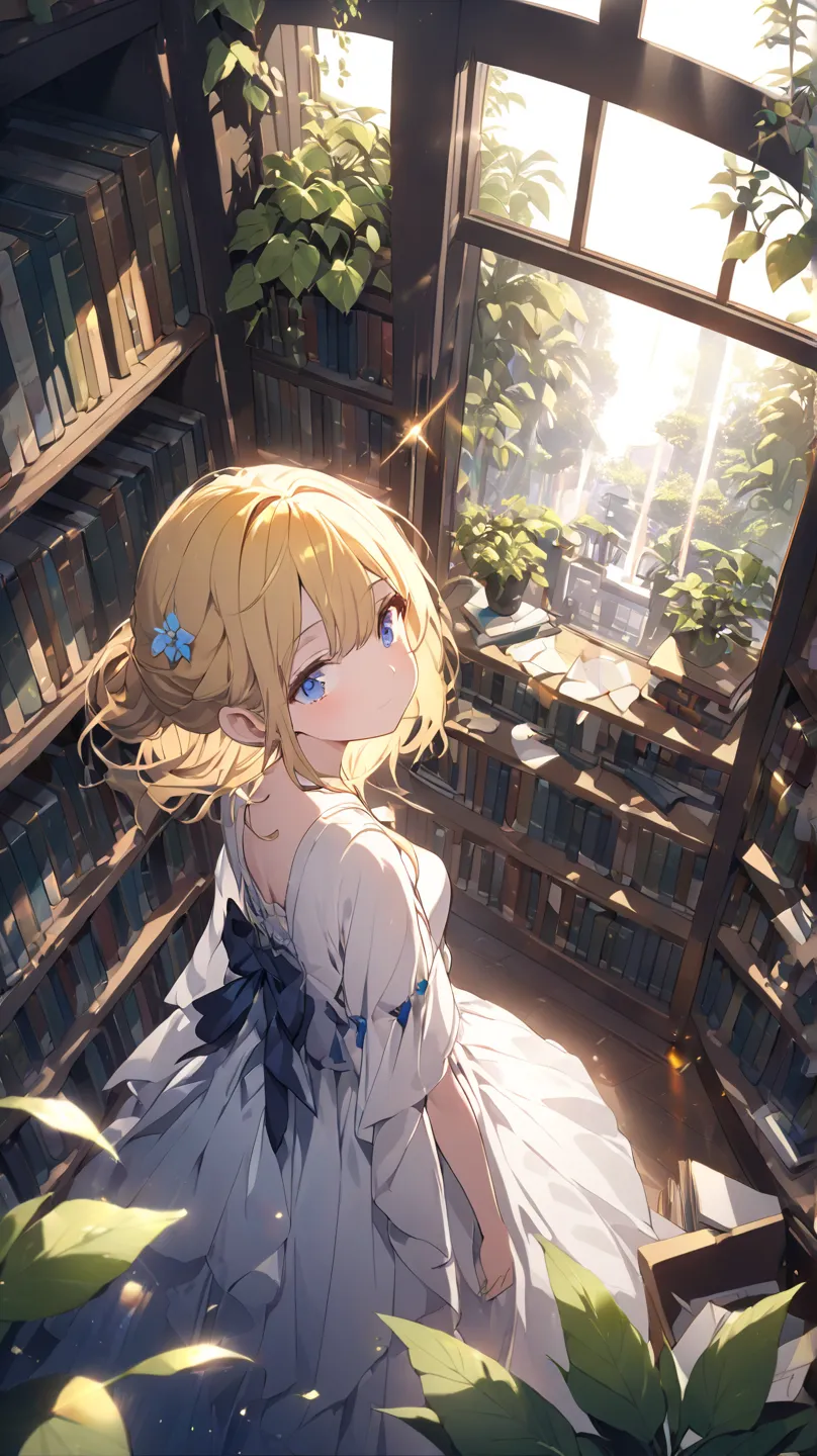 1 girl,  moonlight 、 Libraries 、houseplants、 books、blue eyes, yellow hair、from above、dutch angle, glitter effect, lens flare, 