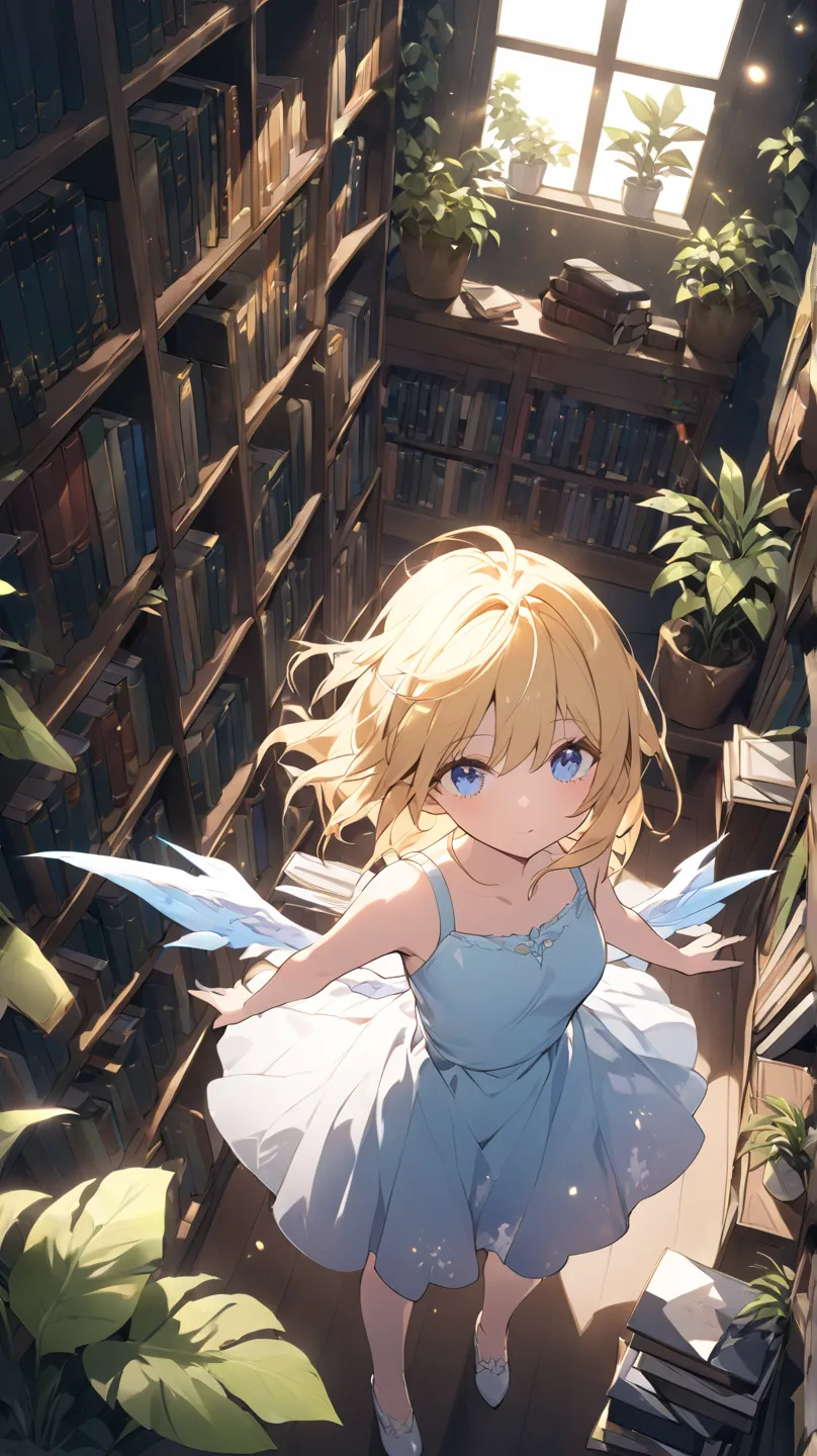 1 girl,  moonlight 、 Libraries 、houseplants、 books、blue eyes, yellow hair、from above、dutch angle, glitter effect, lens flare, 