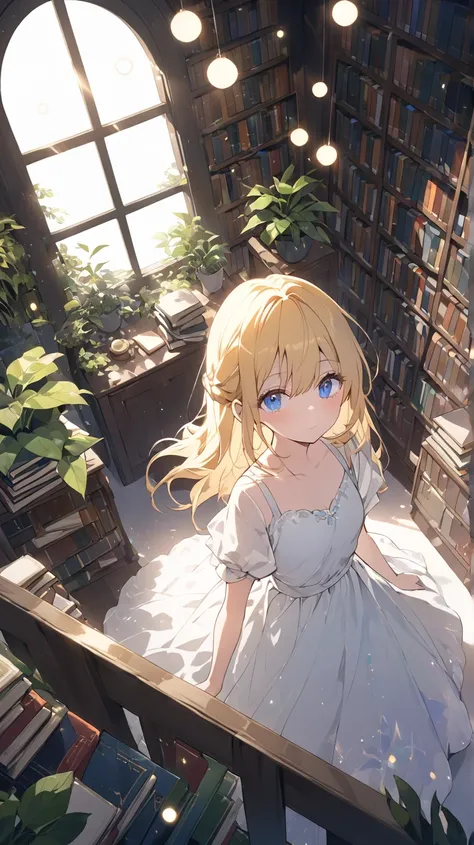 1 girl,  moonlight 、 Libraries 、houseplants、 books、blue eyes, yellow hair、from above、dutch angle, glitter effect, lens flare, 