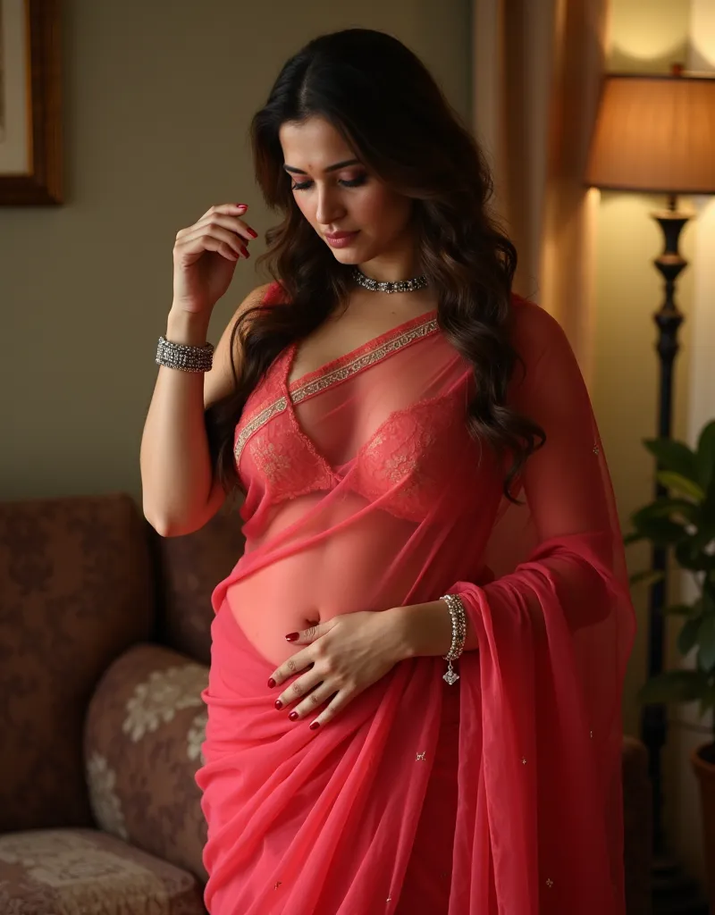 indian slim aunty with long tied hair, thick breast, thick hip, thick ass, thick thighs, woman wearing Georgette transparent saree no blouse, sweating lot, sweat drops visible, deep belly button, nipple popping out. Erotic image