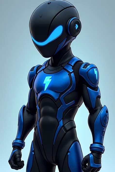 A hero named Bryan in a high-tech suit, flexible and resistant in black and electric blue. visible His helmet has a partial visor that keeps it partially hidden , leaving his cartoon face visible and that the name Bryan stands out on the suit 