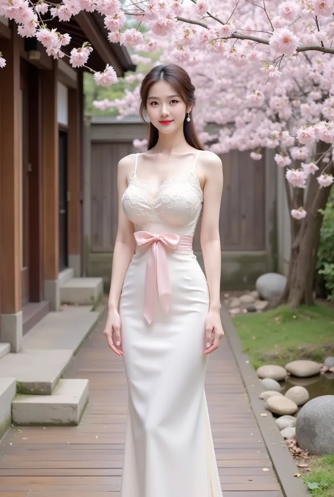 a woman standing elegantly in an outdoor setting adorned with cherry blossoms. She is wearing a fitted, ivory-colored gown featuring delicate floral lace details on the bodice and a soft pink bow around her waist. The dress has thin straps and flows gracef...