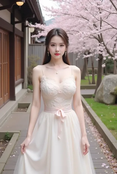 a woman standing elegantly in an outdoor setting adorned with cherry blossoms. She is wearing a fitted, ivory-colored gown featuring delicate floral lace details on the bodice and a soft pink bow around her waist. The dress has thin straps and flows gracef...