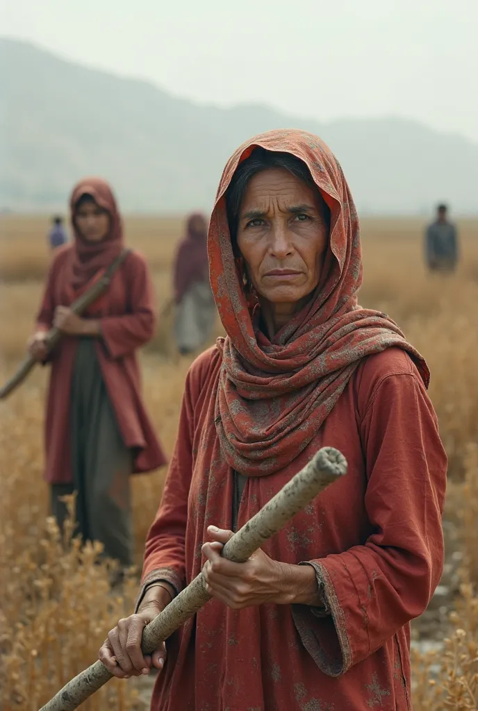 Women farmers poor Pakistani working in the field video with no mountains at the background