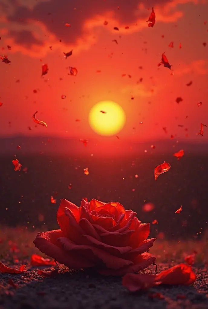 Closely focused rose flower fallen with petals flying in the wind looking out at a crimson sunset