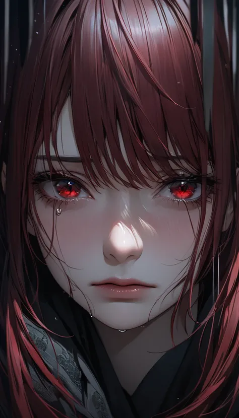 super realism, \Dark red hair\crying, 