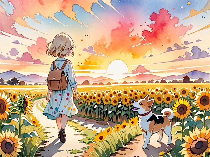  hyperrealism, Simple Line Acronym，Abstract art，Bertrand Arthur William Russell style , Kawaii design ,  watercolor, Chibi watching the sunset, sunflowers, smile, walking with a dog