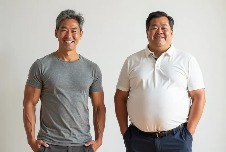 Two Japanese men in their 50s stand side by side in the same background. The first man is fit and muscular, with a well-toned physique. He has short black hair with slight graying, a strong jawline, and a warm, confident smile. His eyes are full of passion...