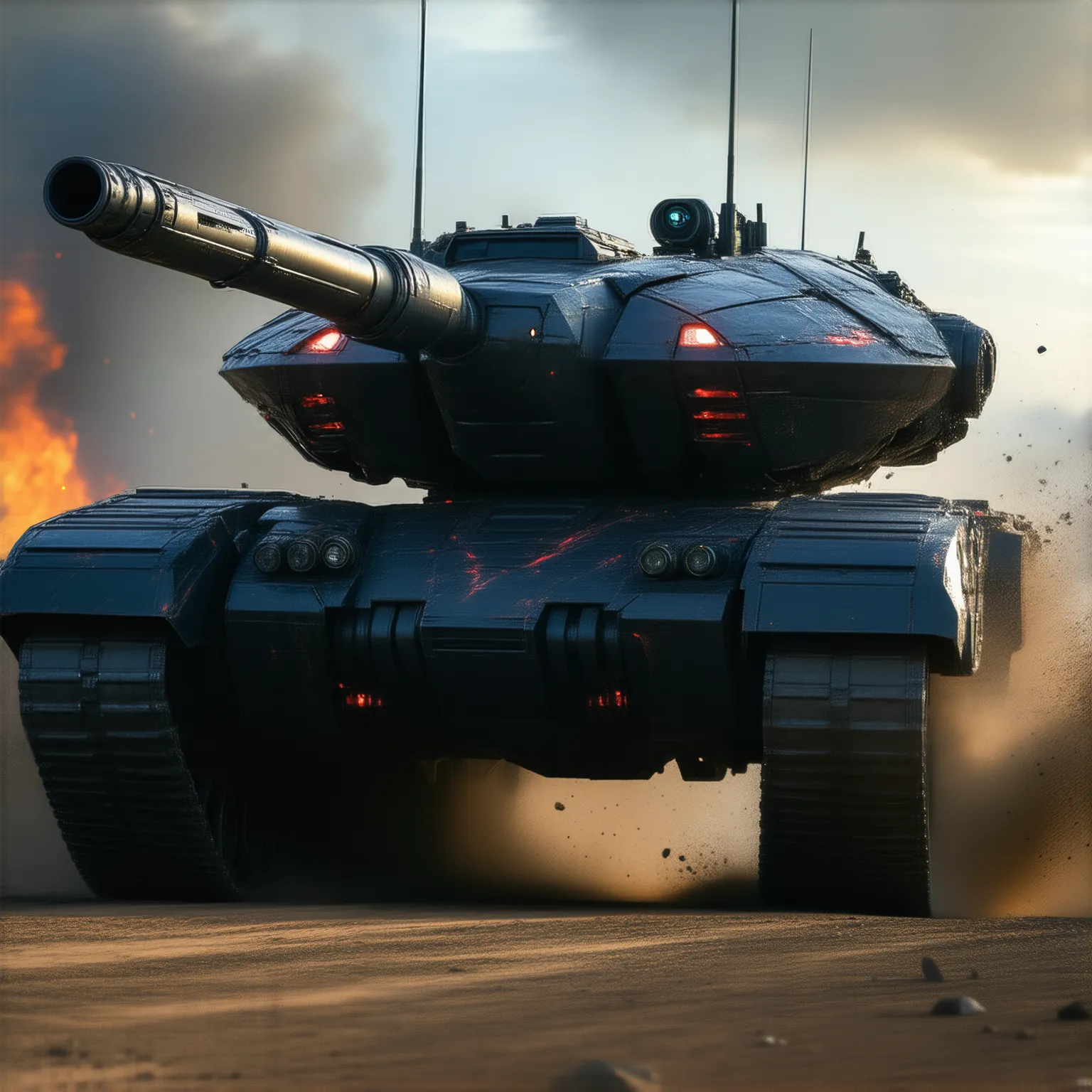 A hyper-realistic scene of a massive, futuristic tank resembling Megatron, tearing through the battlefield at high speed. The heavily armored black and red war machine has intricate mechanical details, glowing red energy lines, and a monstrous rotating tur...