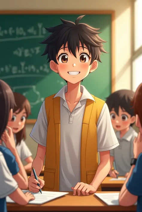 The boy who overcame his fear of mathematics and became an expert in it, being happy and teaching other ren anime-style
