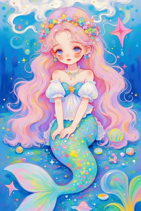 A beautiful little mermaid, Sit at the bottom of the sea，with colorful pearls around its tail，wearing a crown made of shells and jewels. Her light pink,  blue, The purple gradient hair gives her a kawaii style. This big eyed art doll is very detailed, awar...