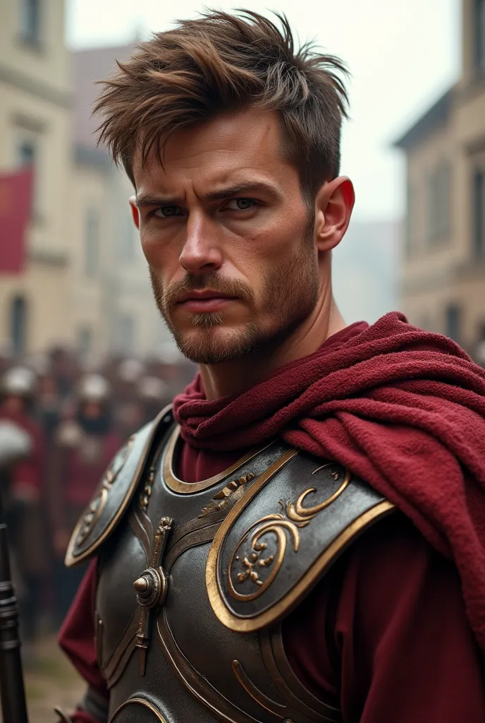 A 30-year-old human man with Roman factions, fair skin and brown hair up to the neck. He has a remarkable appeal with a serene but decisive expression. His eyes are average brown and his build is with normal, denoting strength without being excessively bur...