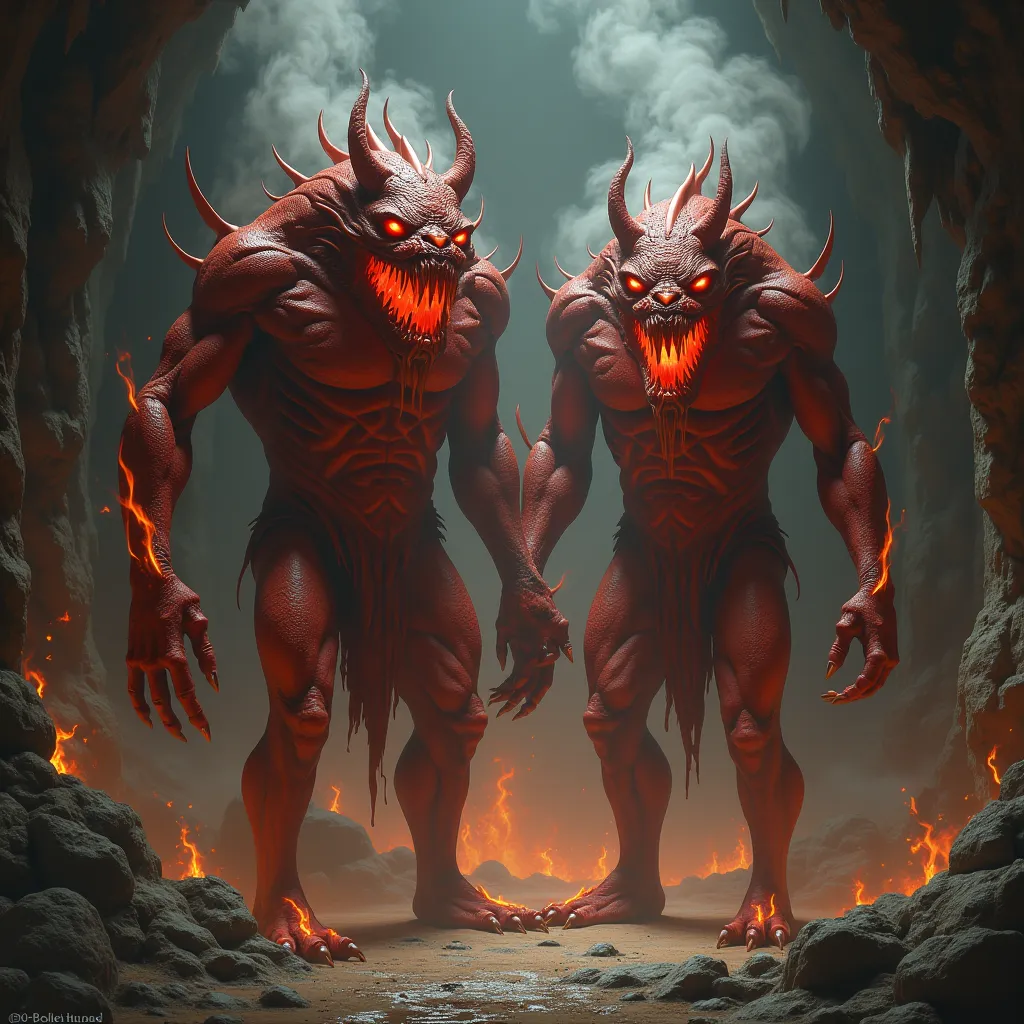 Create two flamboyant hydrite hellhogs with human bodies, flaming eyes, reddish body, inside a room in a cave.