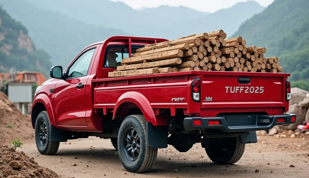 "A red Tata Tuff 2025 pickup truck carrying a heavy load of construction materials in its spacious truck bed. The image showcases the truck’s payload capacity and durability, with a construction site or mountainous background, emphasizing its workhorse cap...