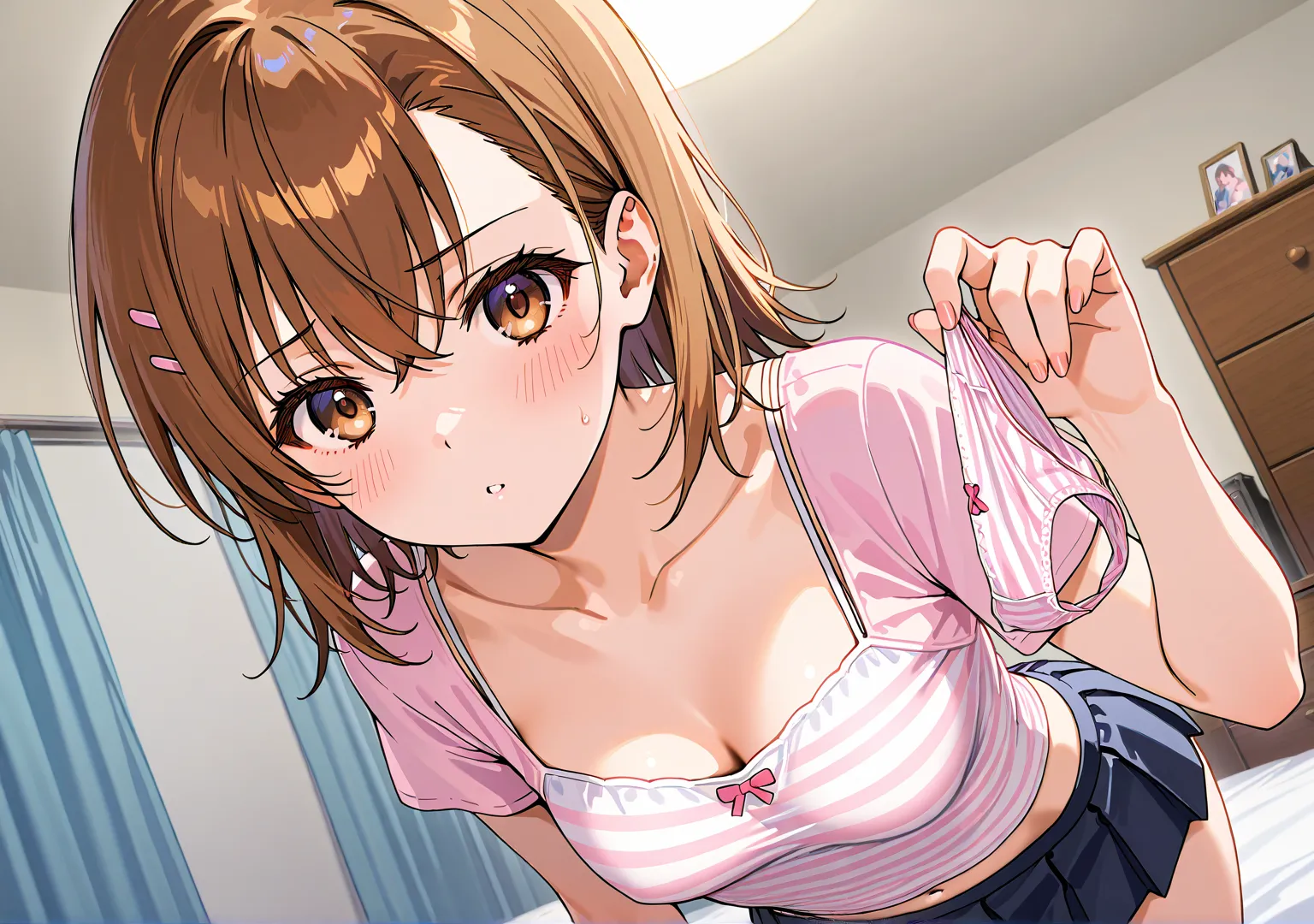 Beautiful Girl、Misaka Mikoto、pleated skirt、blush、 girly room、chest of drawers、chest of drawersの引き出しが開いている、chest of drawersの中には下着、panties in hand、holding panties with both hands、steam from panties、chest of drawersが開いてる、shows off her panties、Crotch、panties c...