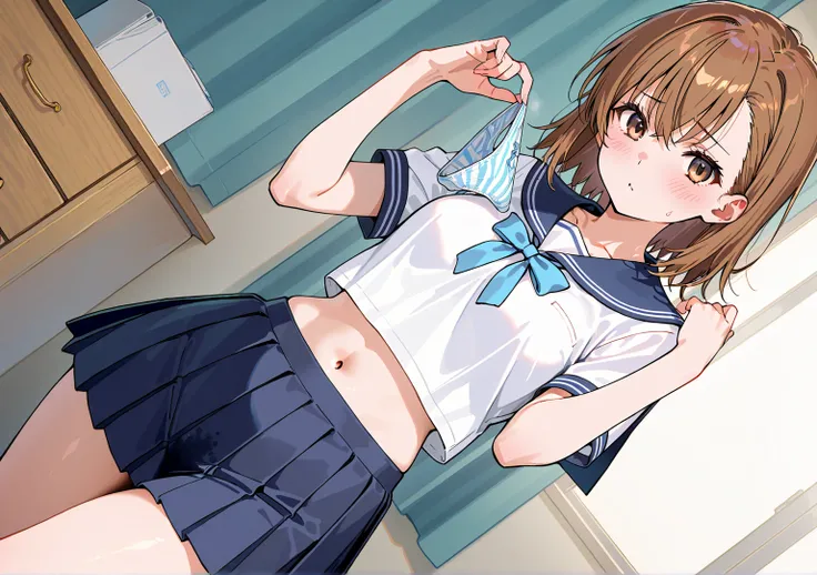 Beautiful Girl、Misaka Mikoto、pleated skirt、blush、 girly room、chest of drawers、chest of drawersの引き出しが開いている、chest of drawersの中には下着、panties in hand、holding panties with both hands、steam from panties、chest of drawersが開いてる、shows off her panties、Crotch、panties c...