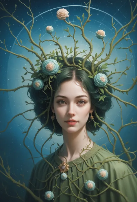 score_9, score_8_up, score_7_up, Surrealism, Abstract style (surrealism art:1.4), otherworldly, mutated nature woman, branches and vines intertwined with her limbs, blossoming flowers as hair, celestial backdrop, ethereal glow, captivating transformation, ...