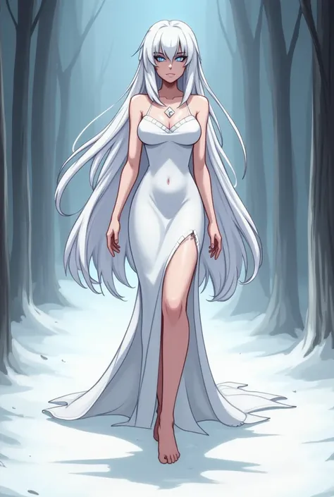 Create me a super thin woman with big boobs, She is very tall and has long white hair , very long and straight hair , she has almost white skin and her eyes are white without a soul, She wears a long ripped white dress and walks barefoot 