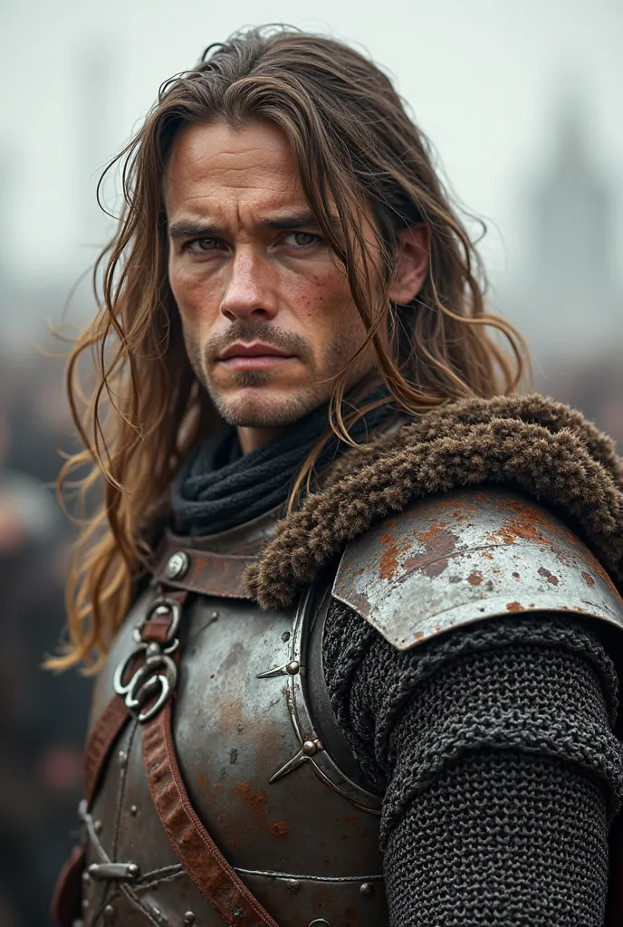 A 30-year-old human man with tough features, fair skin and long brown hair up to the neck. He has a remarkable appeal with a serene but decisive expression. His eyes are average brown and his build is with normal, denoting strength without being excessivel...