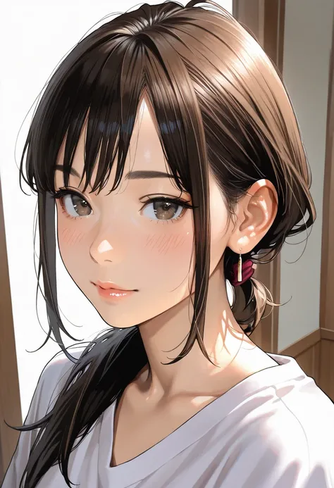 masterpiece, best quality, vibrant, very aesthetic, high contrast, photorealistic portrait,beautiful detailed face,detailed texture,detailed skin, newest, 1girl,Ganbare Doukichan,source_Ganbare Doukichan,douki chan,chignon hair,hirt,room
