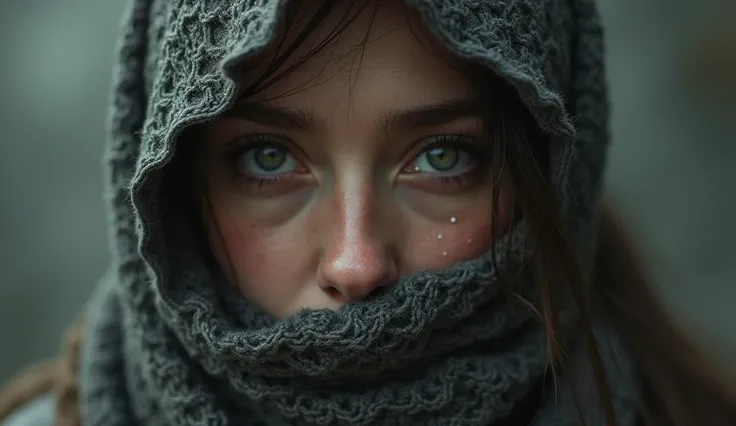 A close-up of the woman’s face as she pulls down her scarf, revealing her identity as the man's hood love, with tears in her eyes.