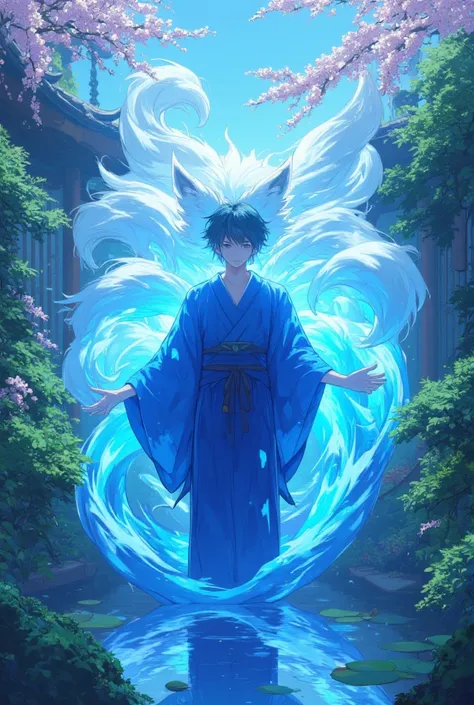 Gentle whites nine-tailed fox yokai young man, wear deep azure blue. in a garden with blue flames in his hands