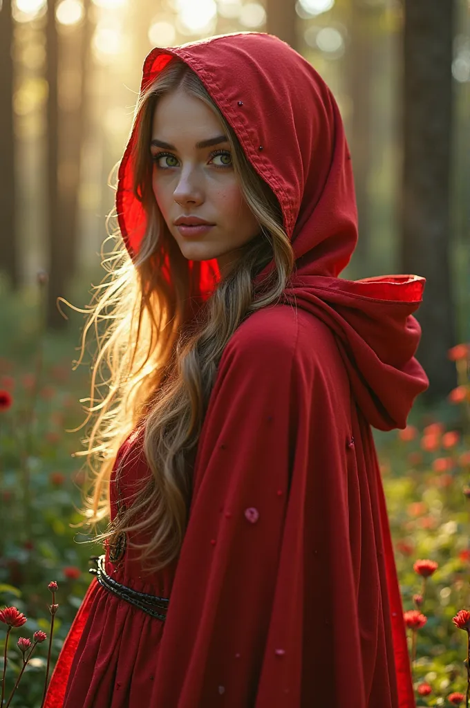 A beautiful woman dressed as Little Red Riding Hood