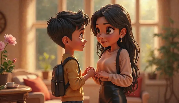 The image is made in the style of 3D animation, reminiscent of Disney or Pixar cartoons. Characters with large cartoon eyes. It conveys an atmosphere of warmth, romance and magic. All the details are carefully worked out
Mom with her son: She is getting he...