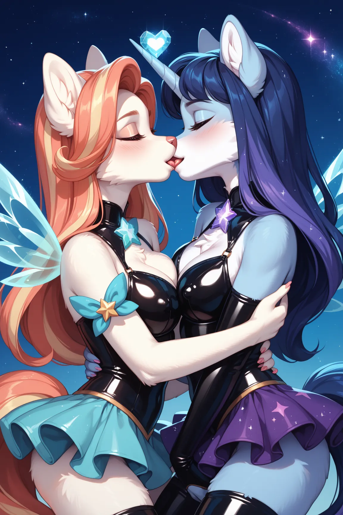 furry, Magical Girl, latex, rubber, lesbian, couple, kissing, touching