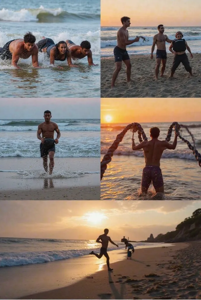 "Waves of Strength"

A group of people doing push-ups or planks with ocean waves crashing nearby.

Someone lifting a heavy sandbag with the ocean in the background.

A silhouette of a person sprinting along the shoreline at sunrise or sunset.

A close-up o...