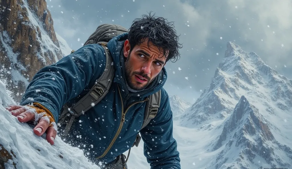 Hyperrealistic oil painting of a 30-year-old man climbing a steep, treacherous mountain during a sudden storm. His face shows determination mixed with fear as powerful winds whip against him. His black hair is soaked and tousled, his deep brown eyes squint...