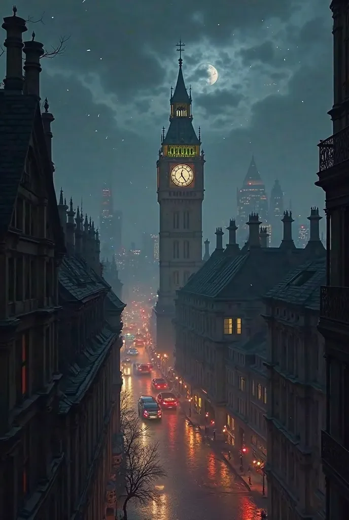 Create a background image for a tabletop RPG stream, in a landscape of Victorian steampunk London in a dark environment at night with the city being seen from above far away.  with transparent background.