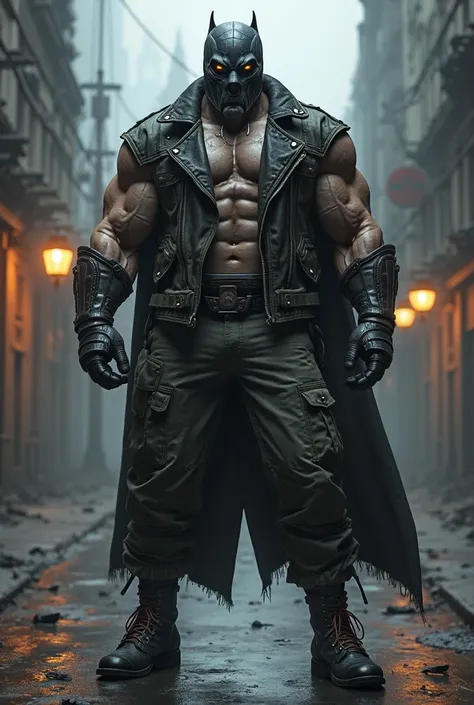 Arkham Origins Bane  wear's black luchador mask  wearing  leather black jacket  cargo pants combat boots big muscles no cape 