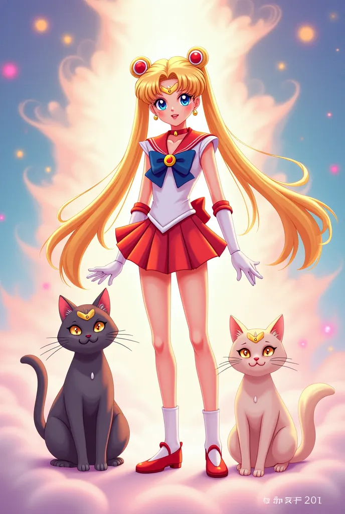 Anime character Sailor Moon with her cats Luna and Artemis, Fan Art kawaii