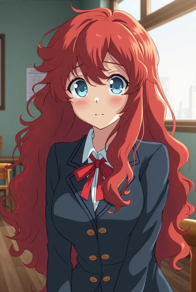 screenshot of My Hero Academia
Girl with long red curly hair, she has light blue eyes with a cheerful look but tired eyes.  She wears the UA uniform , And in the background is a UA class and she is sitting