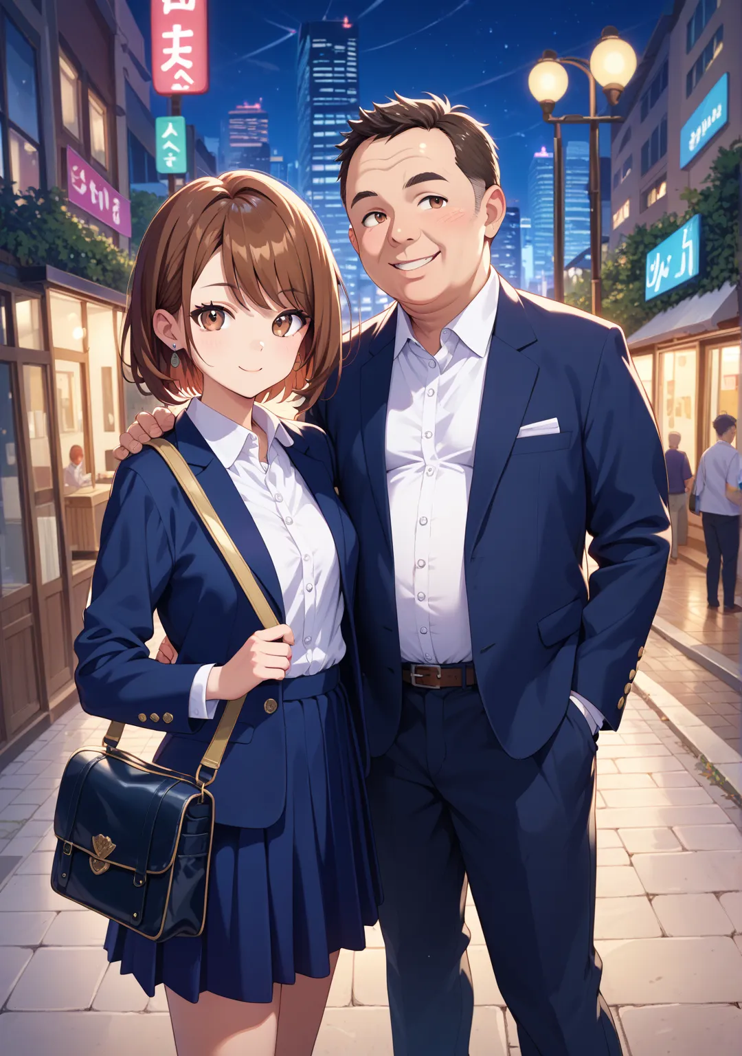 Selfie,1 girl,1 man, standard height,short hair,straight hair that can't be seen from the outside ,brown hair,Brown Eyes,glamorous,swept bangs,white button-up shirt,dark blue skirt,her dark blue blazer,walk,bag,night,,fat old man,middle age man,Selfie,Skys...