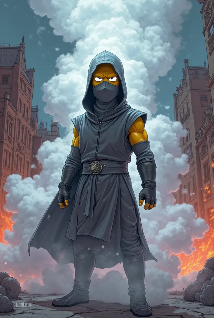 Smoke from Mortal Kombat animated with gray ninja costume in the Simpsons style in a big fire 