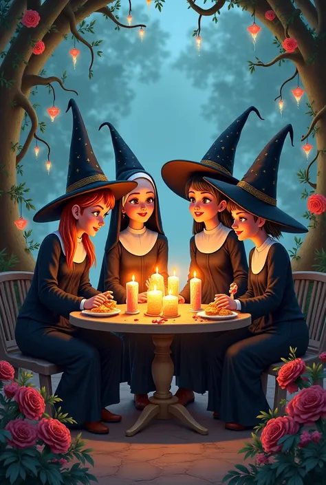 Four witch friends one gay, a very fat obese, one dressed as a nun, and one who smokes marijuana all young 