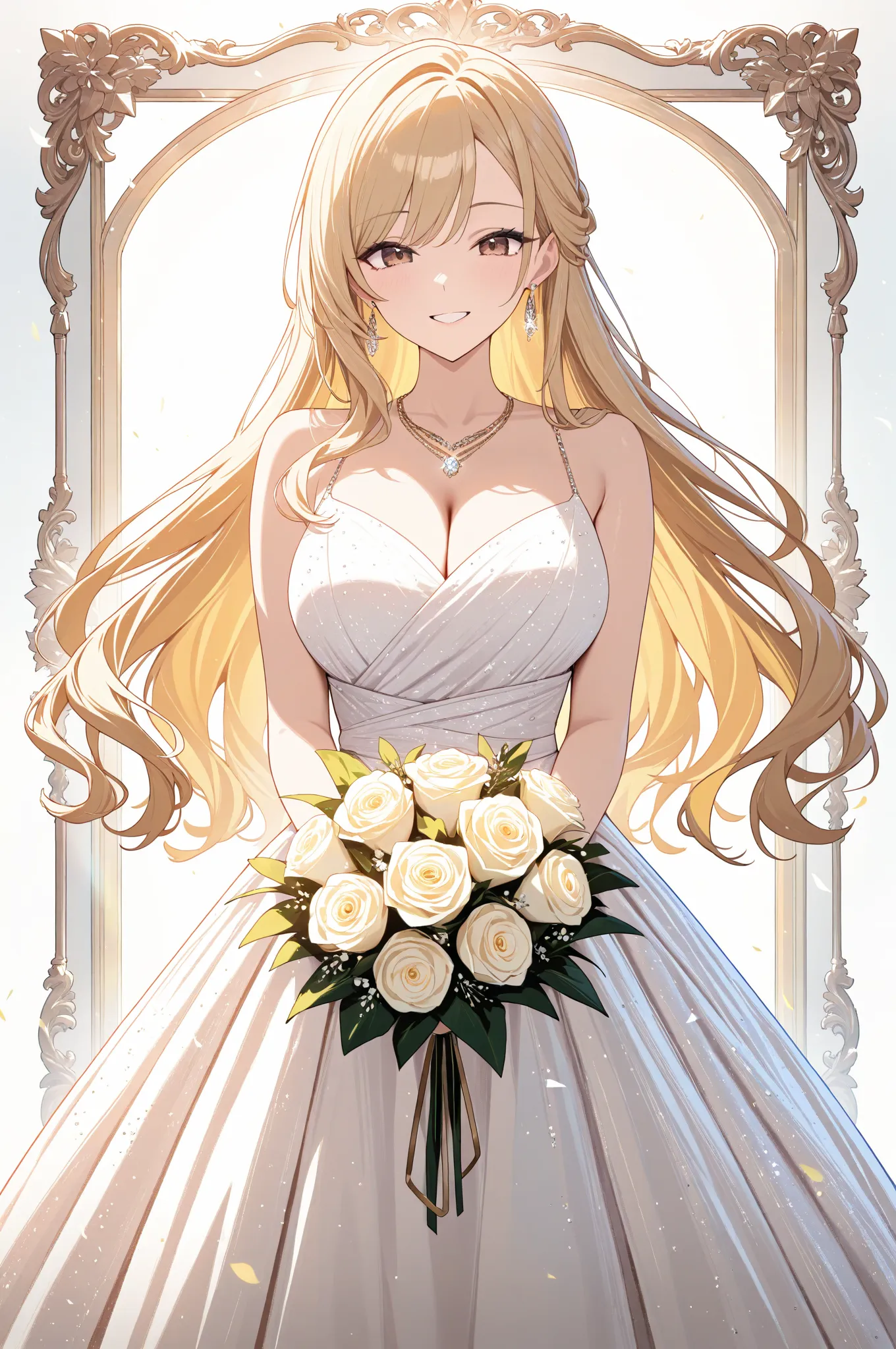 safe, 1girl, solo, smile, adult female, vivid, brown eyes, long hair, blonde hair, standing,holding bouquet,gorgeous dress, necklace, earrings, straight-on, cowboy shot, white background, masterpiece, best quality, high score, great score, absurdres