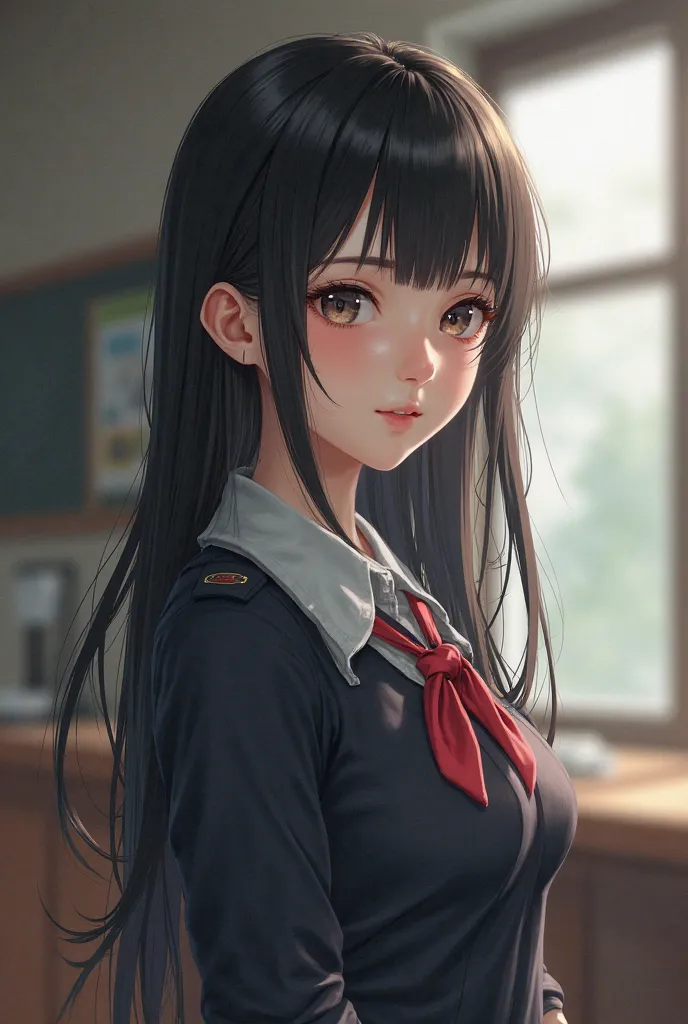 A girl with fair skin, black hair color, slim build and wearing school uniform. 