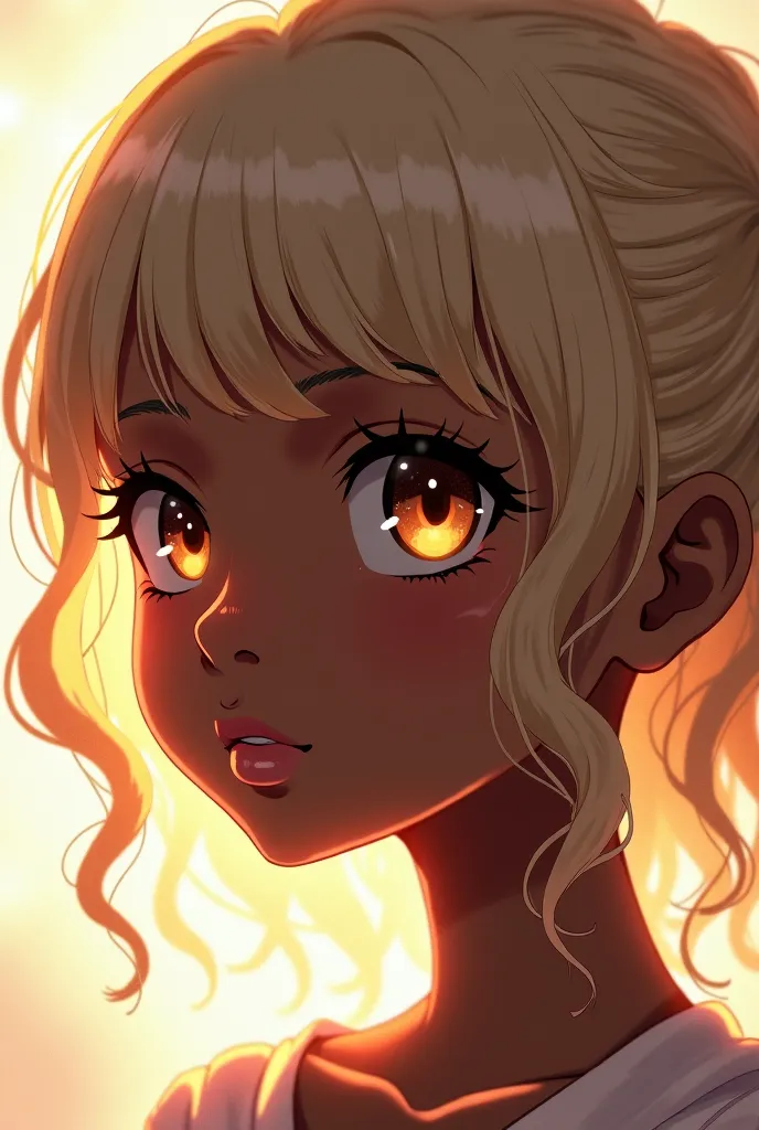 Black, beautiful girl with brown eyes and ash blonde wavy hair anime 