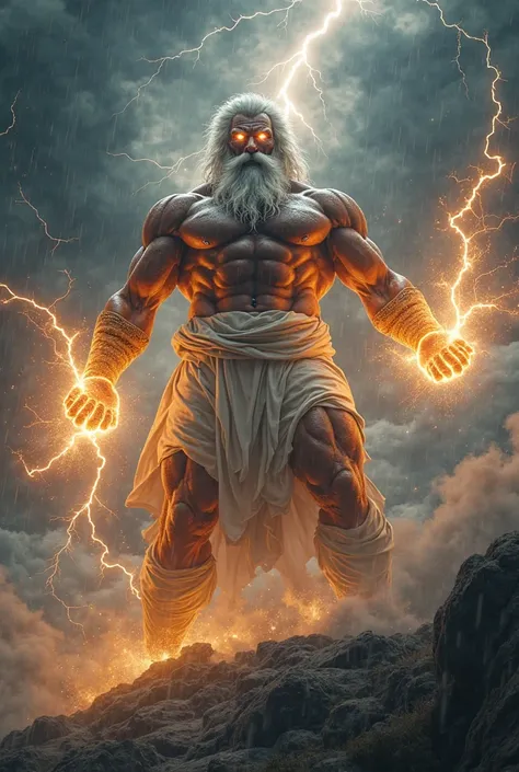 A colossal and ultra-realistic depiction of Zeus, the mighty Greek god of thunder, in a state of furious wrath. His towering, muscular form dominates the scene, veins pulsing with divine power as he grips a massive, crackling lightning bolt in each hand. H...