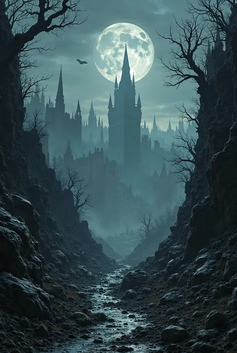 Create a background image for a tabletop RPG stream, in a Bloodborne style landscape in a dark environment at night with the city being seen from above far away.  with transparent background.