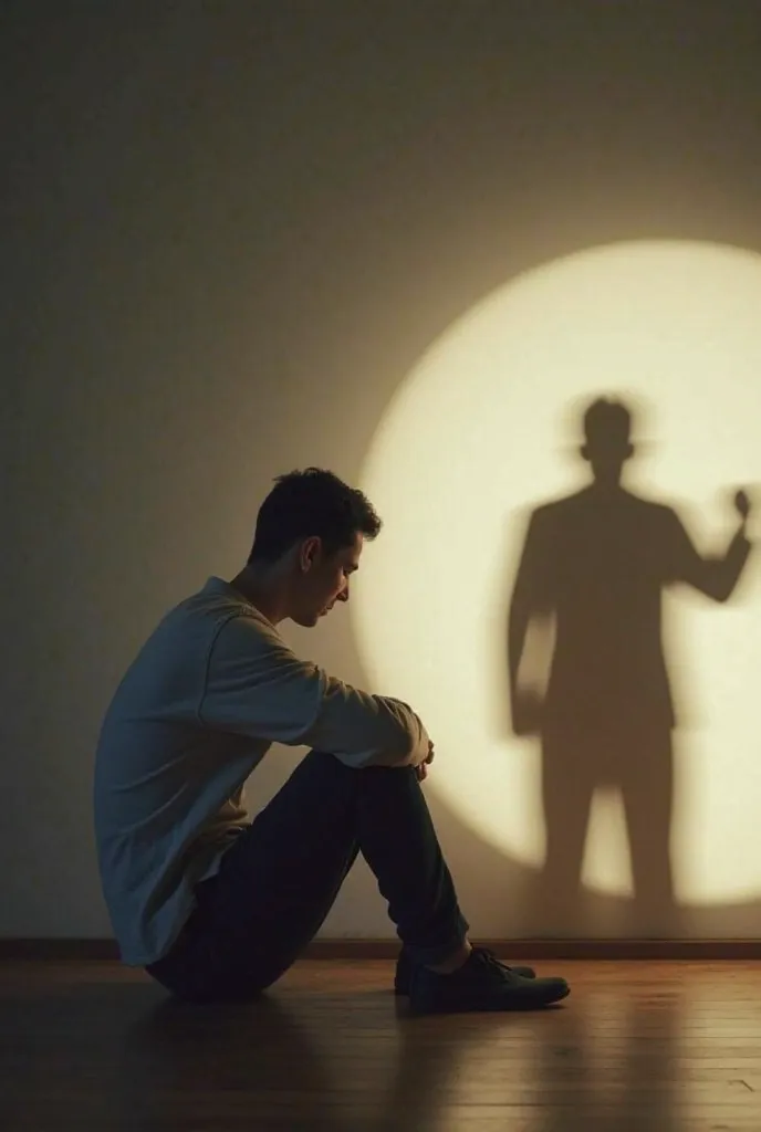 a picture of a person sitting with a curved back expressing sadness but his shadow on the wall appears to be standing confidently and strongly, symbolizing psychological growth through pain.

The background can be a gradient from dark to bright, as if the ...